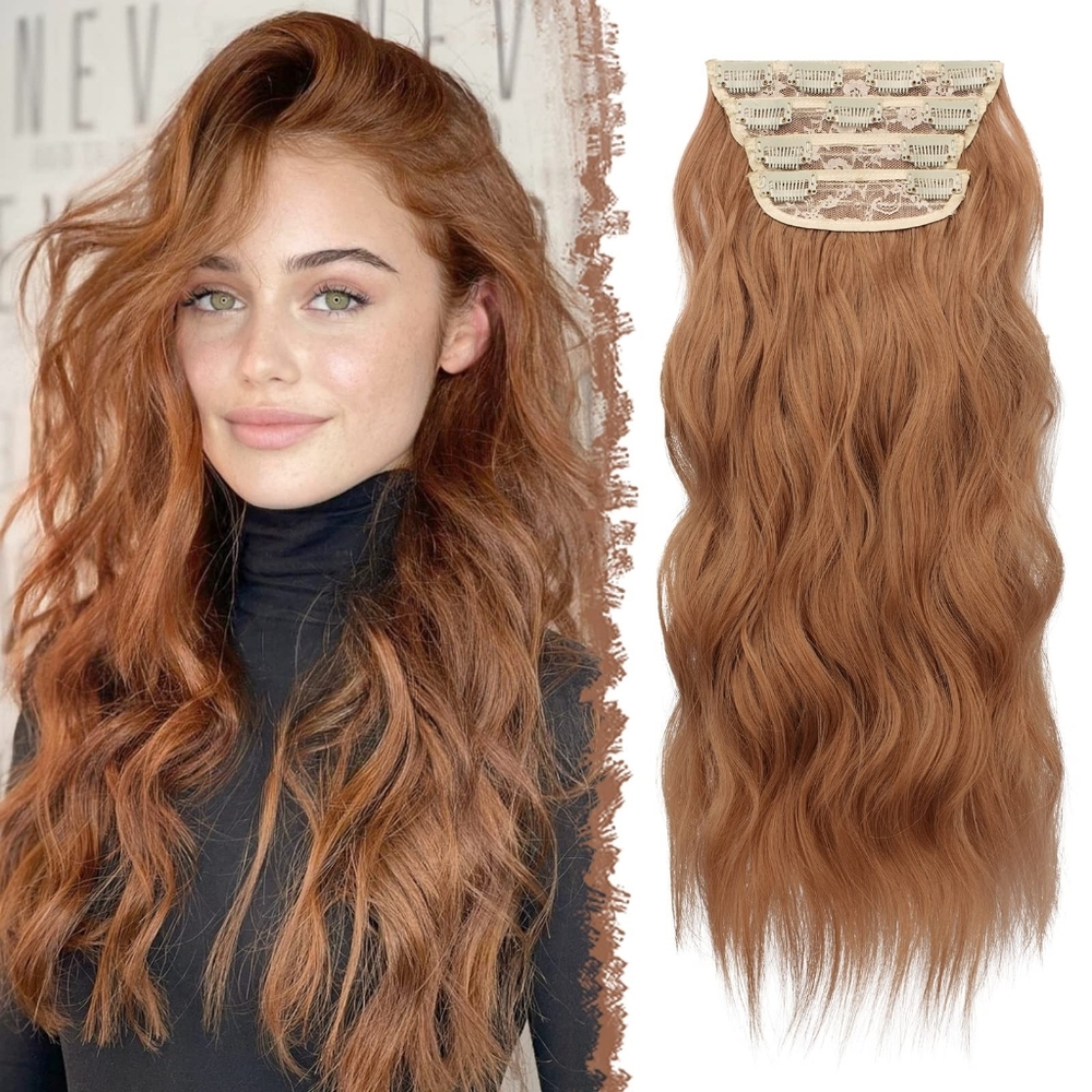 20” Auburn Wavy Clip In Hair Extensions • 4‎ PCS • Full Head Synthetic